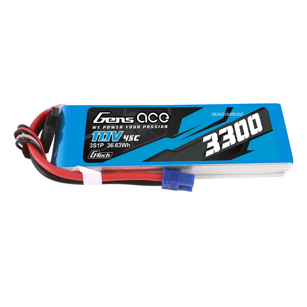 Gens ace 3300mAh 3S 11.1V 45C G-Tech LiPo battery pack with EC3 connector and balance lead