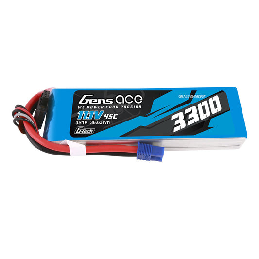 Gens ace 3300mAh 3S 11.1V 45C G-Tech LiPo battery pack with EC3 connector and balance lead