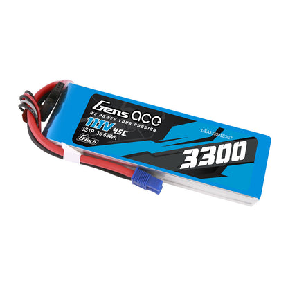 Gens ace 3300mAh 3S 11.1V 45C G-tech LiPo Battery, Gens ace 3300mAh 3S 11.1V 45C LiPo battery pack with blue EC3 plug and balance lead