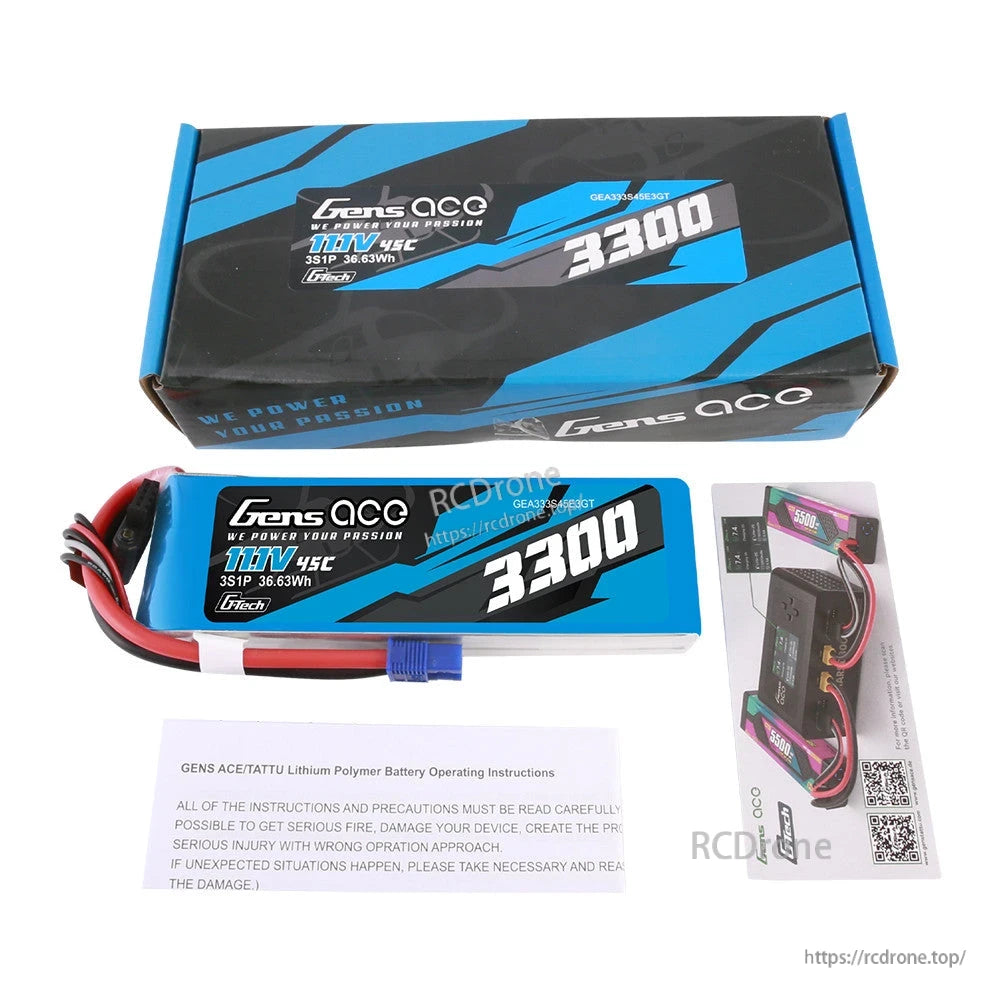 Gens ace 3300mAh 3S 11.1V 45C G-tech LiPo Battery, Gens ace 3300mAh 3S 11.1V 45C LiPo battery pack with blue EC3-style plug, box and instructions