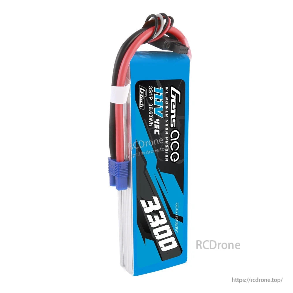Gens ace 3300mAh 3S 11.1V 45C G-tech LiPo battery pack with EC3 plug and balance lead