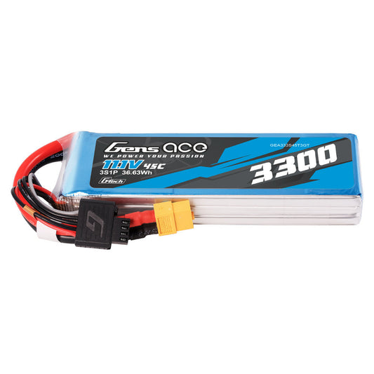 Gens ace 3300mAh 3S 45C 11.1V G-Tech LiPo Battery, Gens ace 3300mAh 3S 11.1V 45C G-Tech LiPo battery pack with balance lead and yellow XT60-style connector