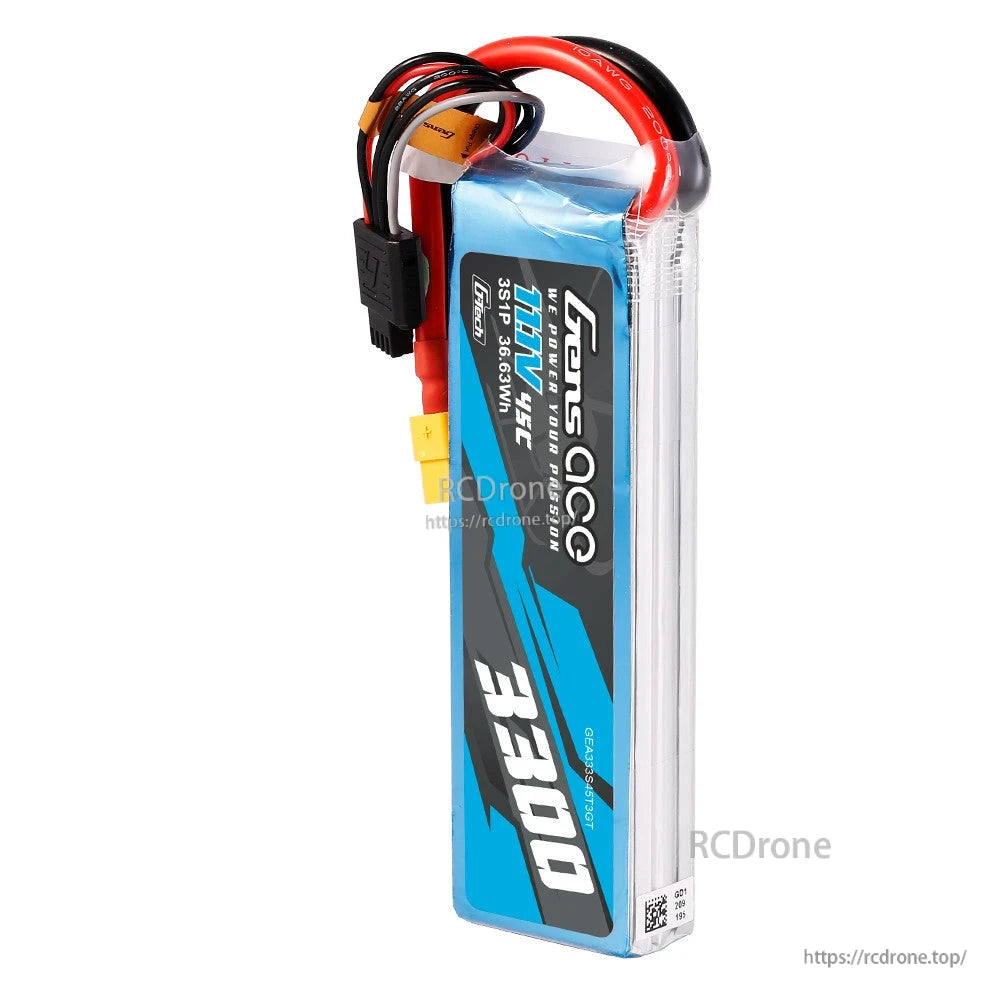 Gens ace 3300mAh 3S 45C 11.1V G-Tech LiPo Battery, Gens ace 3300mAh 3S 11.1V 45C LiPo battery pack with XT60-style plug and balance lead