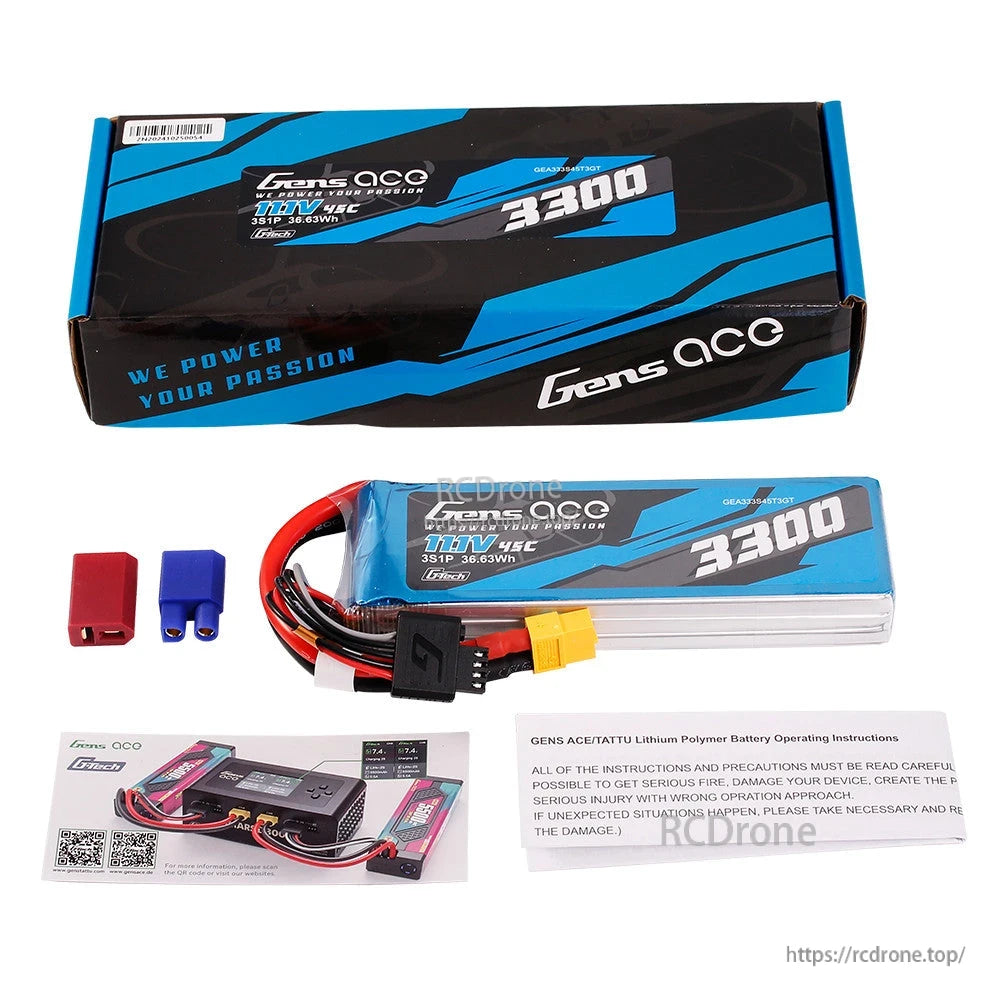 Gens ace 3300mAh 3S 45C 11.1V G-Tech LiPo Battery, Gens ace 3300mAh 3S 11.1V 45C LiPo battery pack with box, XT60 lead, adapters, and instruction cards