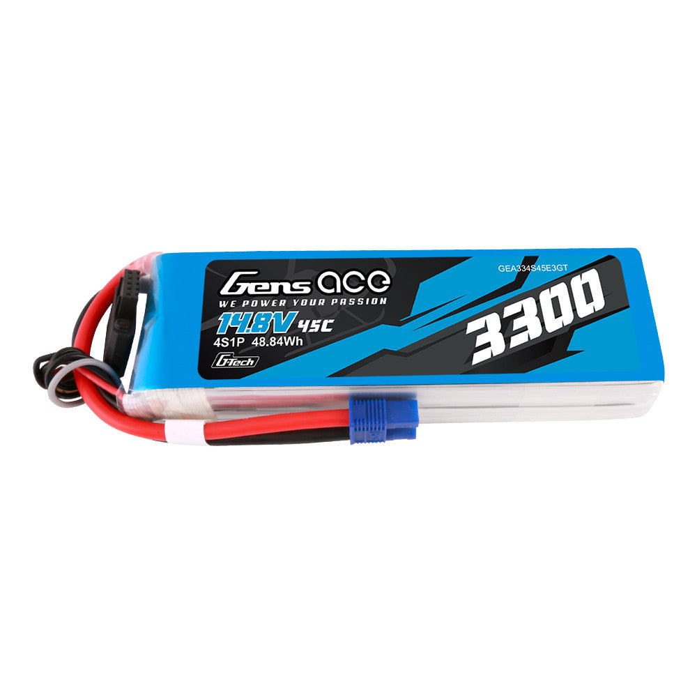 Gens ace 3300mAh 4S 45C 14.8V G-Tech LiPo Battery, Gens ace 3300mAh 4S 14.8V 45C LiPo battery pack with EC3 connector and balance lead