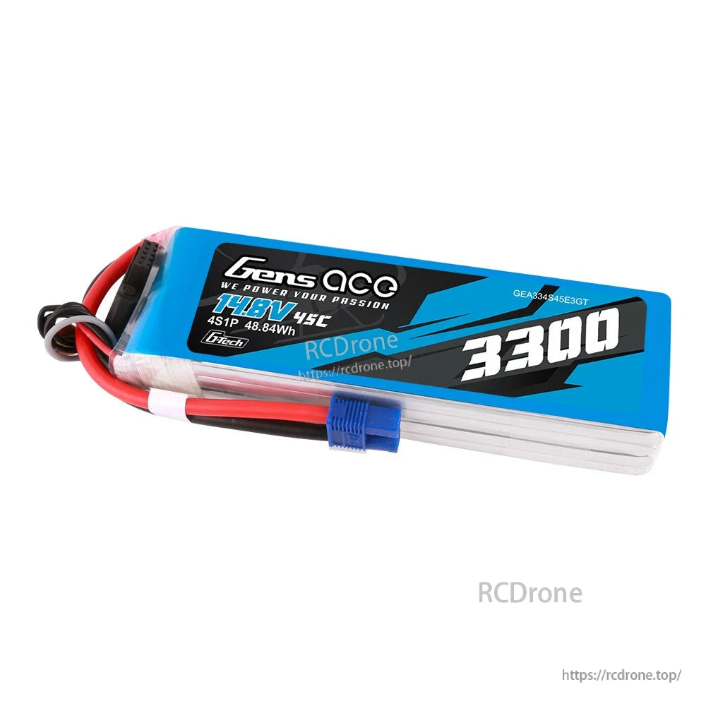 Gens ace 3300mAh 4S 45C 14.8V G-Tech LiPo Battery, Gens ace 3300mAh 4S 14.8V 45C LiPo battery pack with EC3 connector and 4S balance lead