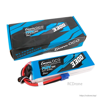 Gens ace 3300mAh 4S 45C 14.8V G-Tech LiPo Battery, Gens ace 3300mAh 4S 14.8V 45C G-Tech LiPo battery pack with EC3 connector, balance lead, and retail box