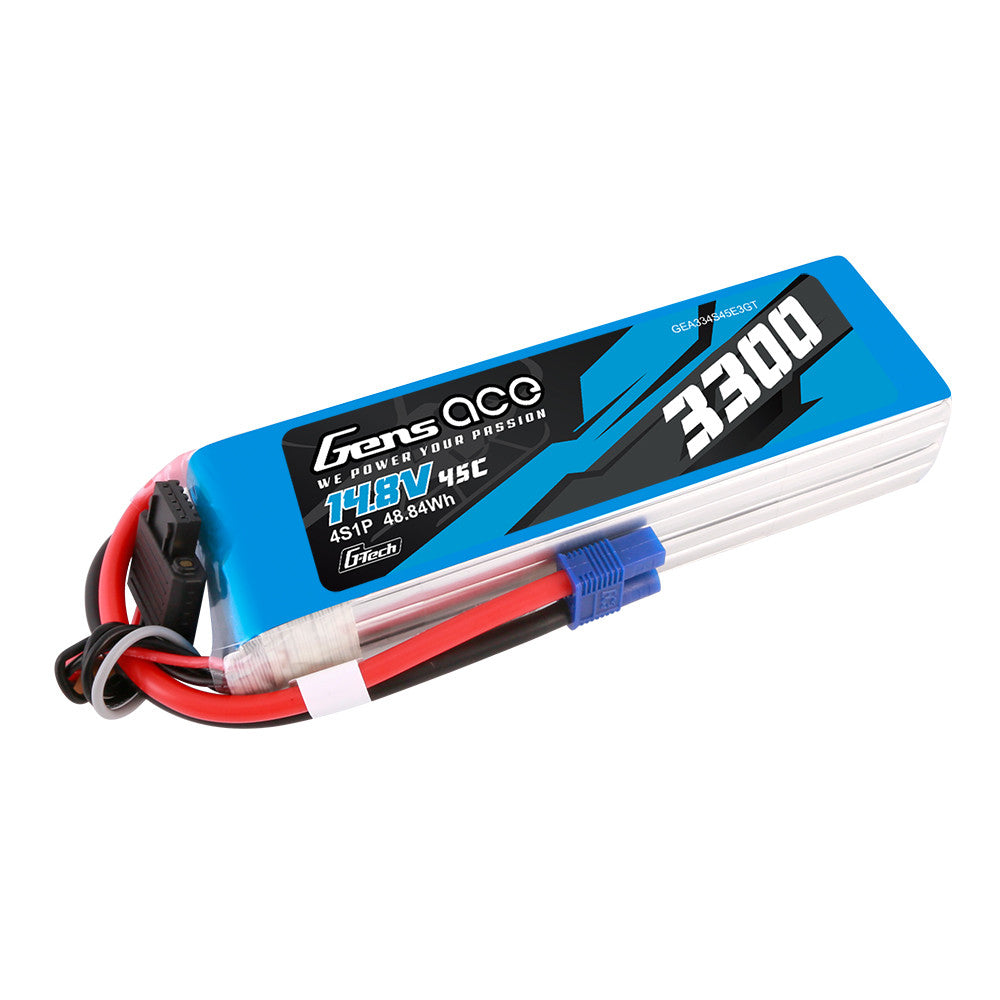 Gens ace 3300mAh 4S 45C 14.8V G-Tech LiPo Battery, Gens ace 3300mAh 14.8V 4S 45C LiPo battery pack with EC3 main plug and G-Tech balance lead