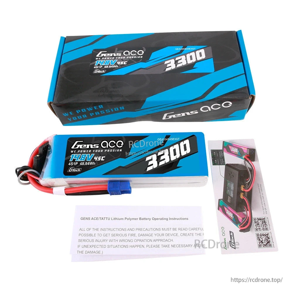 Gens ace 3300mAh 4S 45C 14.8V G-Tech LiPo Battery, Gens ace 3300mAh 4S 14.8V 45C LiPo battery pack with blue EC3-style plug, retail box and manual