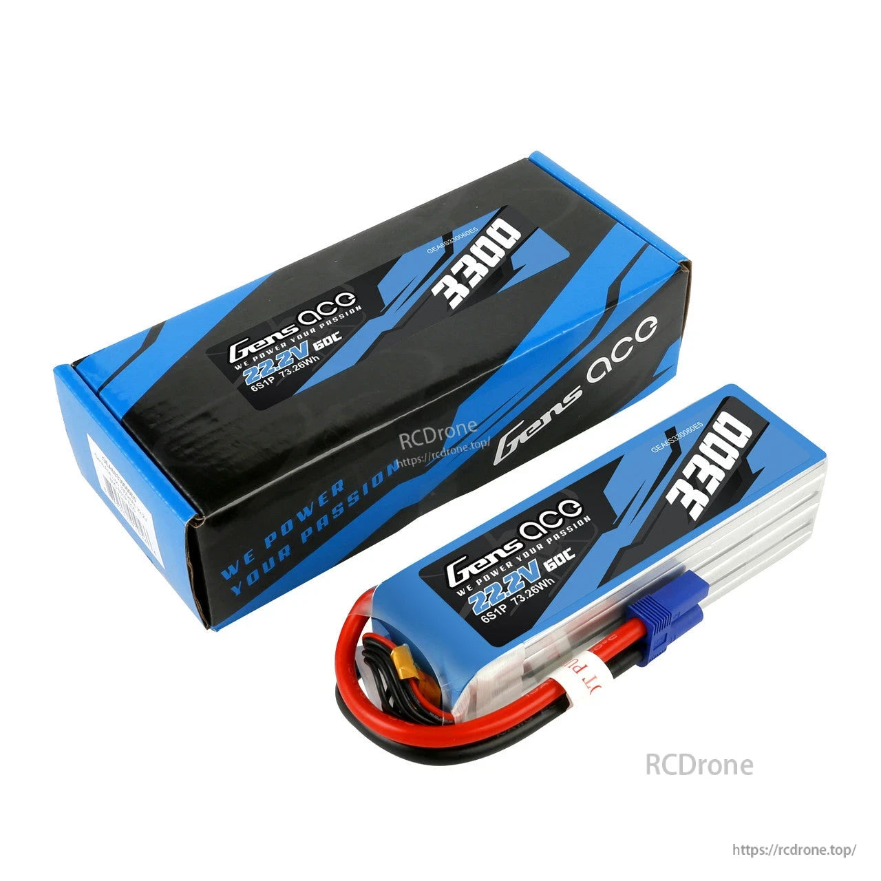 Gens ace 3300mAh 6S 22.2V 60C LiPo battery pack with blue connector, leads, and retail box