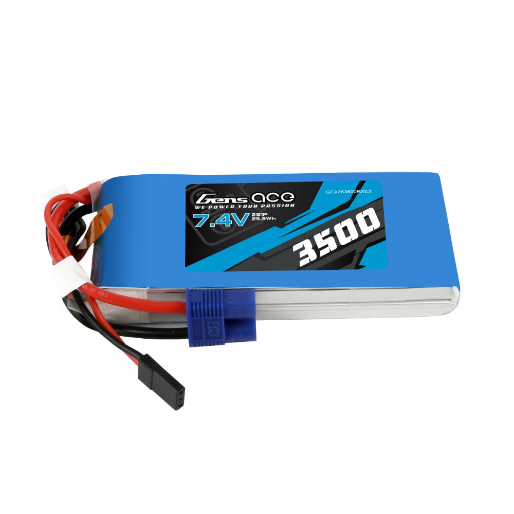 Gens ace 3500mAh 2S 7.4V RX LiPo Battery, Gens ace 3500mAh 2S 7.4V LiPo RX battery pack with blue main plug and balance lead