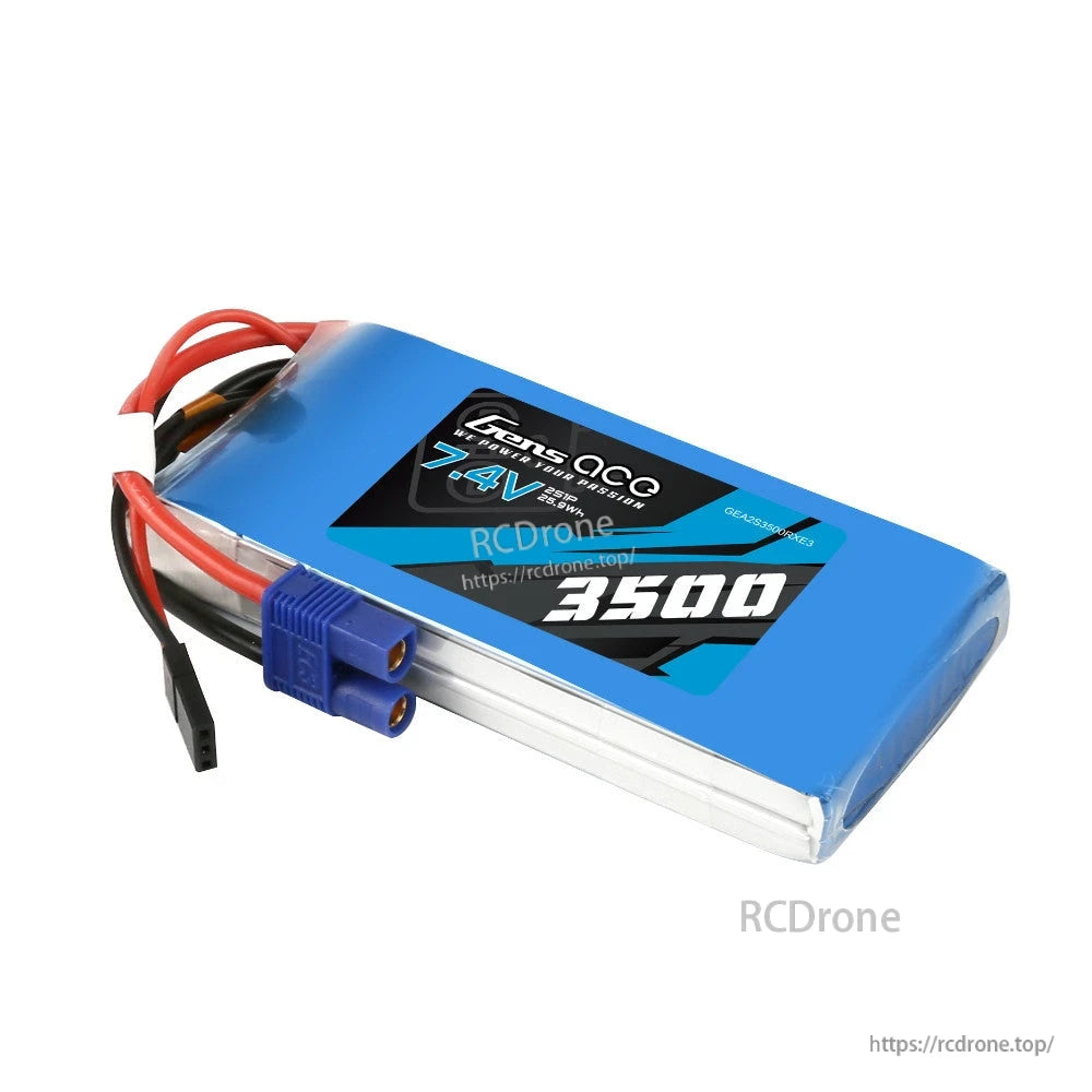 Gens ace 3500mAh 2S 7.4V RX LiPo Battery, Gens ace 3500mAh 2S 7.4V LiPo battery pack with blue EC3-style plug and balance lead