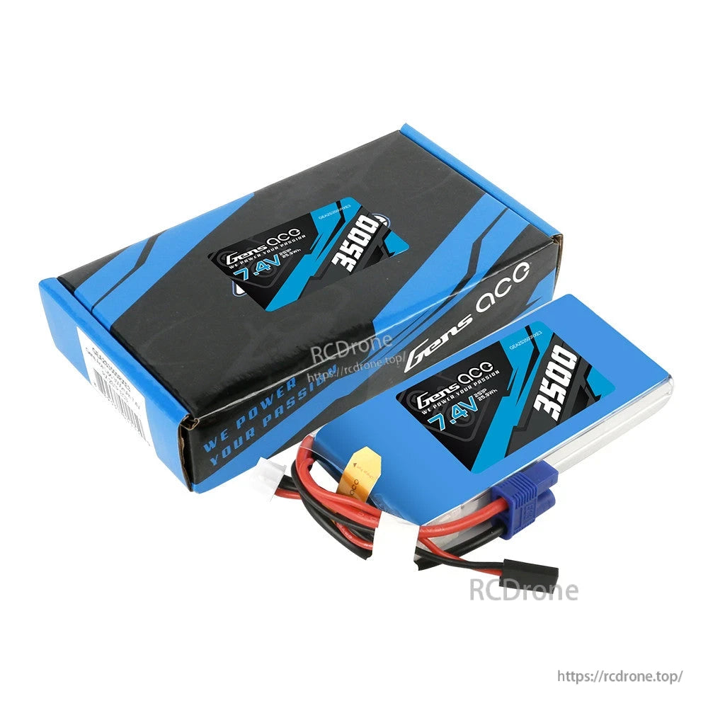 Gens ace 3500mAh 2S 7.4V RX LiPo Battery, Gens ace 7.4V 3500mAh 2S LiPo battery pack with blue XT60 connector, balance lead, and retail box