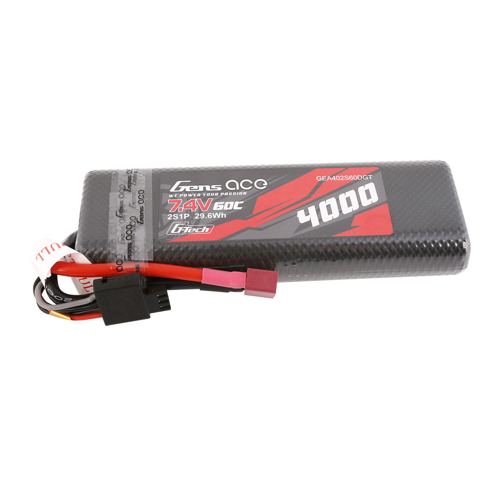Gens ace 4000mAh 2S 7.4V 60C hardcase LiPo battery pack with Deans-style plug and balance lead
