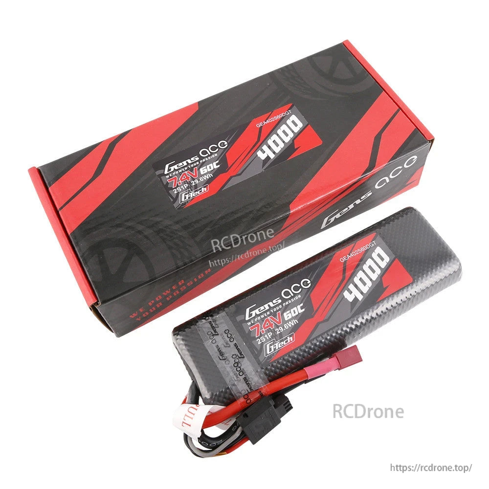 Gens ace 4000mAh 7.4V 2S 60C G-Tech LiPo battery pack with Deans T-plug and balance lead