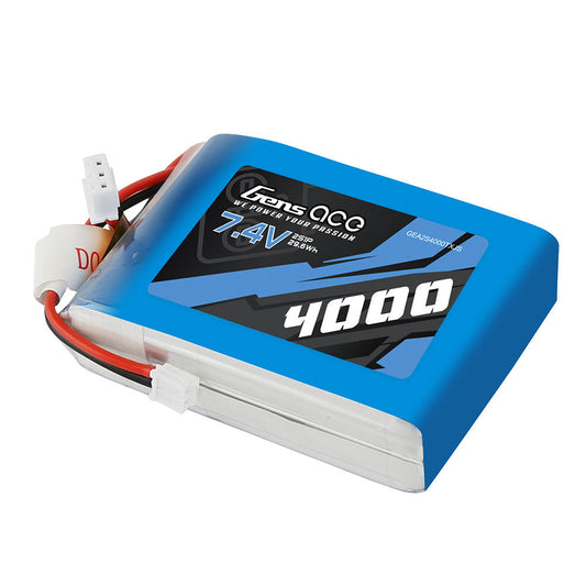 Gens ace 4000mAh 2S1P 7.4V TX LiPo Battery, Gens ace 4000mAh 7.4V 2S1P TX LiPo battery pack with blue wrap, labeled 29.6Wh and attached lead connectors