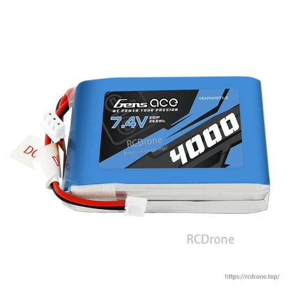 Gens ace 4000mAh 2S1P 7.4V TX LiPo Battery, Gens ace 7.4V 4000mAh 2S1P LiPo battery pack with attached leads and white balance connector