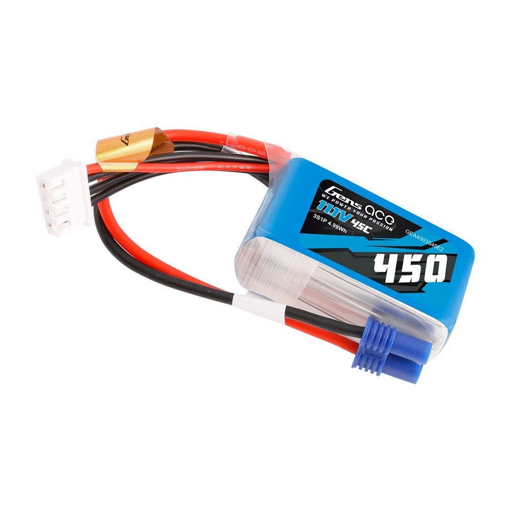 Gens ace 450mAh 3S 11.1V 45C LiPo battery pack with attached power lead and white balance connector