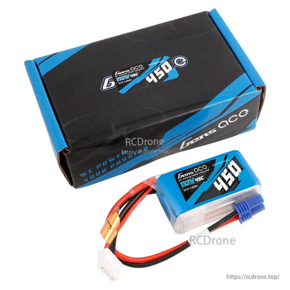 Gens ace 450mAh 3S 11.1V 45C LiPo battery with main power lead and balance connector, plus retail box