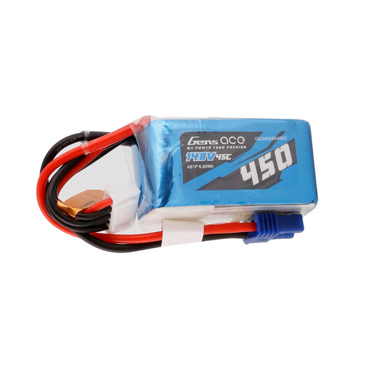 Gens ace 450mAh 4S1P 14.8V 45C LiPo Battery, Gens ace 450mAh 4S LiPo battery pack (14.8V 45C) with blue shrink wrap, main plug and balance lead