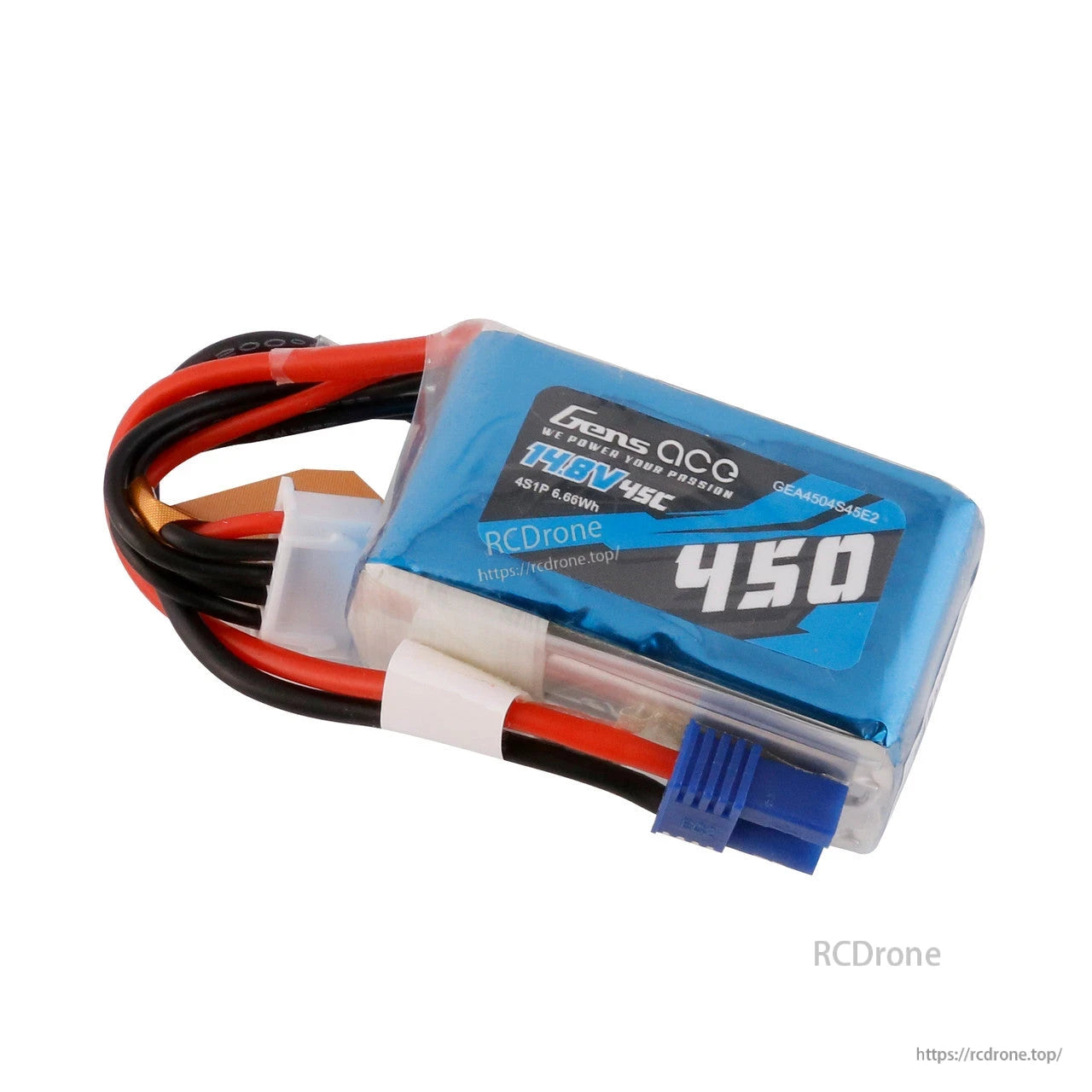 Gens ace 450mAh 4S1P 14.8V 45C LiPo Battery, Gens ace 450mAh 4S 14.8V 45C LiPo battery pack with attached power leads and balance connector