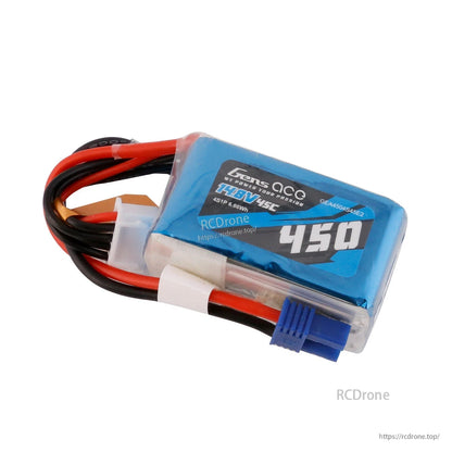 Gens ace 450mAh 4S1P 14.8V 45C LiPo Battery, Gens ace 450mAh 4S 14.8V 45C LiPo battery pack with attached power leads and balance connector
