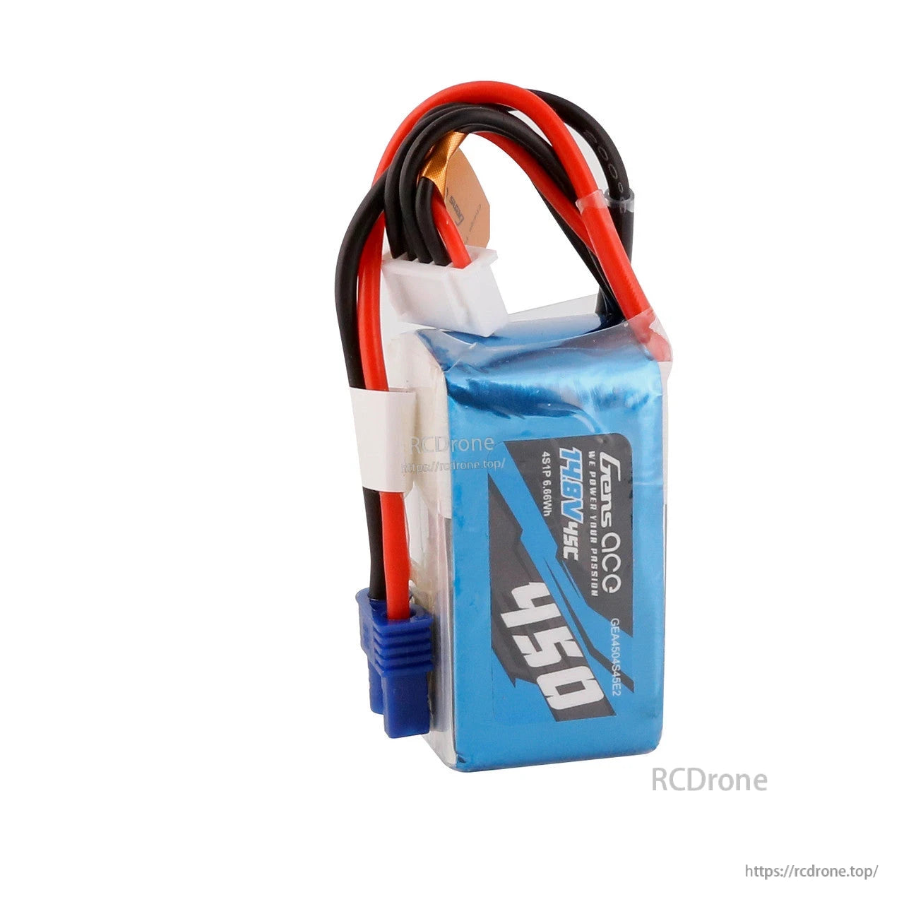Gens ace 450mAh 4S1P 14.8V 45C LiPo Battery, Gens ace 450mAh 4S 14.8V LiPo battery pack with 45C label, balance lead, and blue XT30-style plug