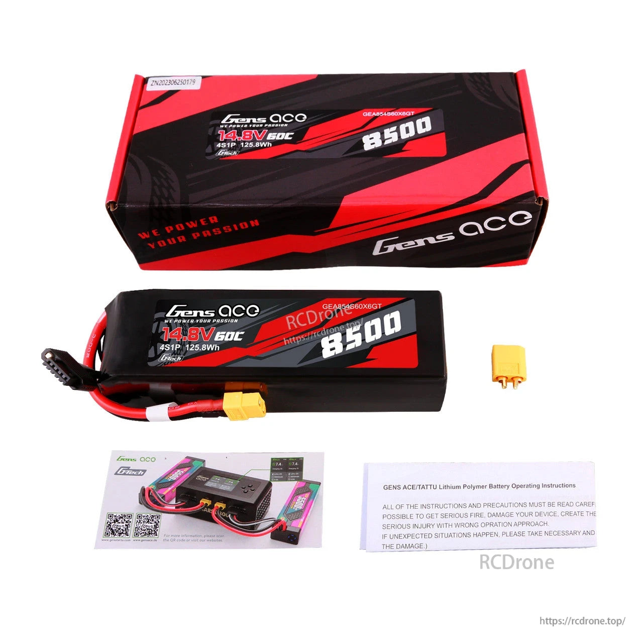 Gens ace 4S 8500mAh 60C 14.8V G-tech LiPo Battery, Gens ace 14.8V 60C 8500mAh LiPo battery pack with XT90-style connector, retail box, and instruction cards