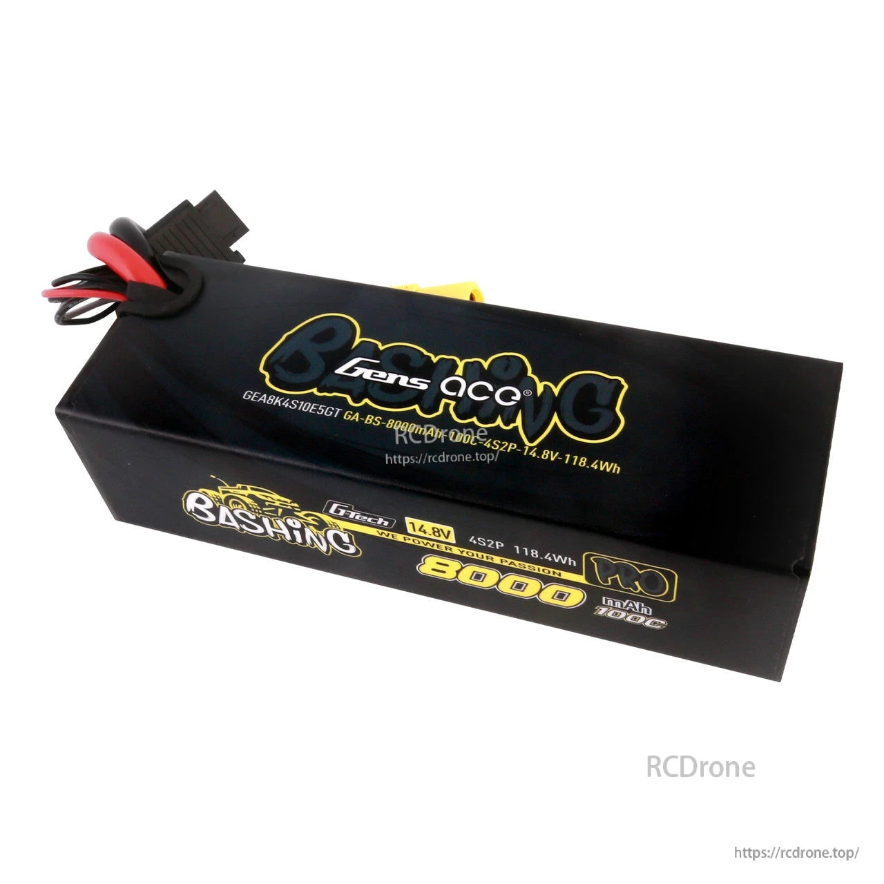 Gens ace 4S2P 8000mAh 100C 14.8V LiPo Battery, Gens ace Bashing Pro 4S 14.8V 8000mAh 100C LiPo battery pack with attached power leads and balance plug