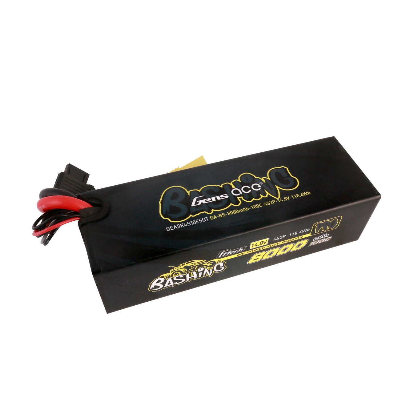 Gens ace 4S2P 8000mAh 100C 14.8V LiPo Battery, Gens ace Bashing 4S2P 14.8V 8000mAh 100C LiPo battery pack with black case and power leads