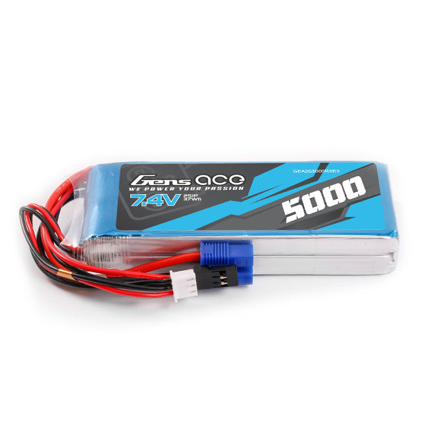 Gens ace 5000mAh 2S 7.4V RX LiPo Battery, Gens ace 7.4V 5000mAh 2S LiPo battery pack with EC3 main plug and JST-XHR balance connector