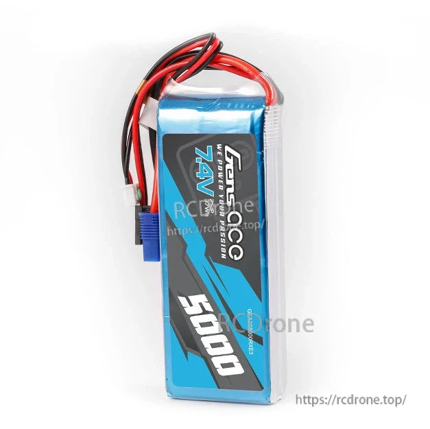 Gens ace 5000mAh 2S 7.4V RX LiPo Battery, Gens ace 7.4V 5000mAh 2S LiPo battery pack with blue EC3 main plug and 3-pin balance lead