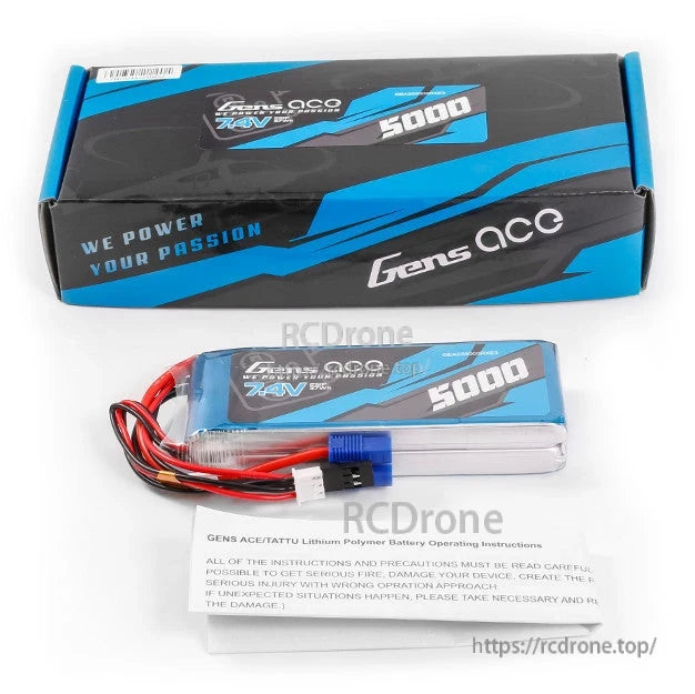 Gens ace 5000mAh 2S 7.4V RX LiPo Battery, Gens ace 7.4V 5000mAh 2S LiPo battery pack with blue EC3 lead, balance plug, and retail box