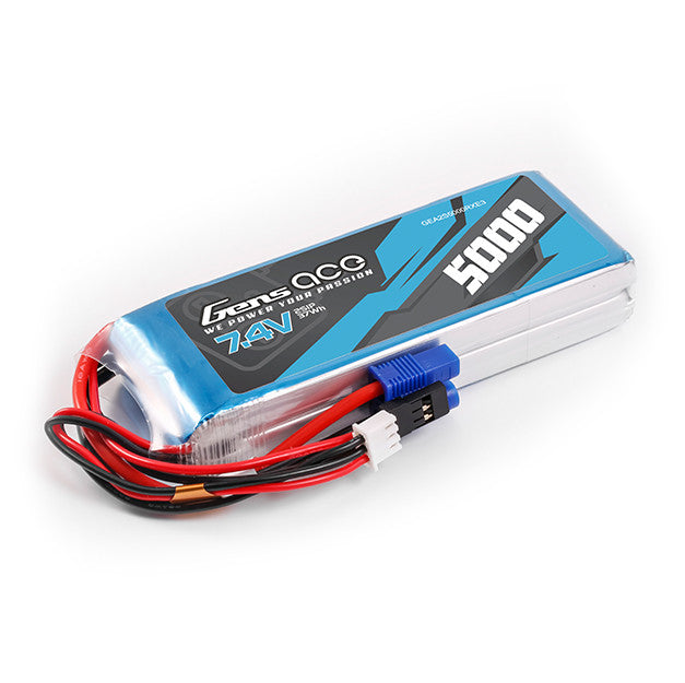 Gens ace 5000mAh 2S 7.4V RX LiPo Battery, Gens ace 7.4V 5000mAh 2S LiPo battery pack with blue EC3-style plug, JR lead, and white balance connector