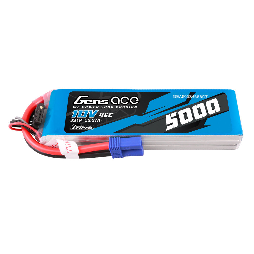 Gens ace 5000mAh 3S 11.1V 45C G-Tech LiPo battery pack with EC5 plug and balance lead