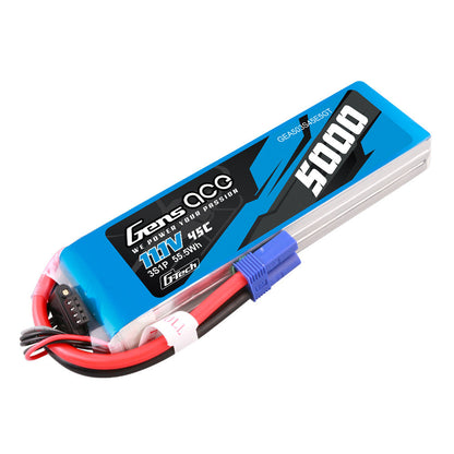 Gens ace 5000mAh 3S 11.1V 45C G-Tech LiPo battery pack with blue connector lead and balance plug