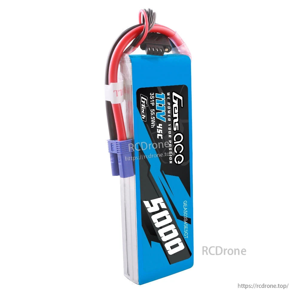 Gens ace 5000mAh 3S 11.1V 45C G-Tech LiPo Battery, Gens ace G-Tech 3S 11.1V 5000mAh 45C LiPo battery pack with blue EC5-style plug and balance lead