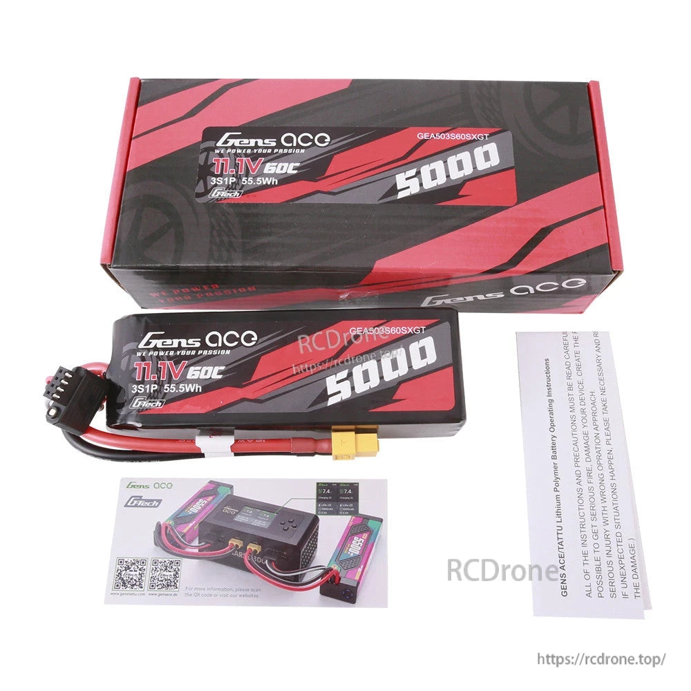 Gens ace 5000mAh 3S 11.1V 60C LiPo battery pack with XT60 plug, balance lead, and retail box
