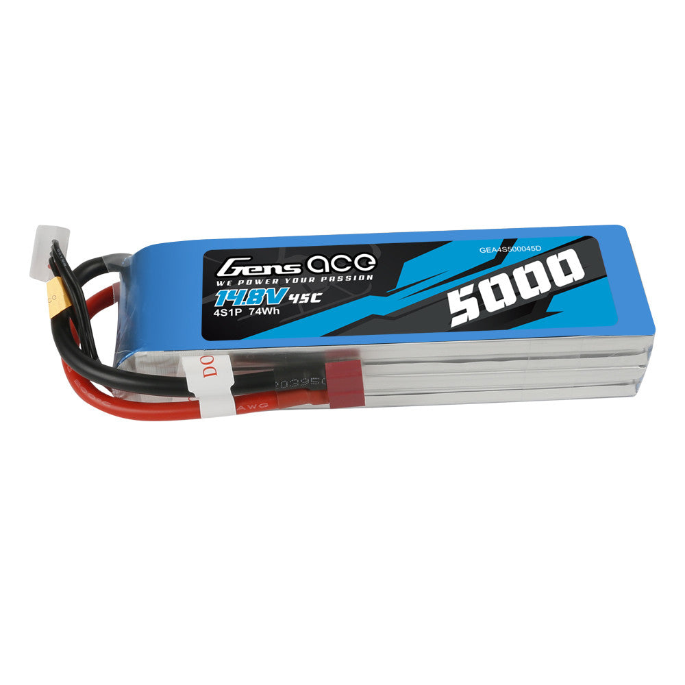 Gens ace 5000mAh 4S 14.8V 45C LiPo Battery, Gens ace 5000mAh 4S LiPo battery pack labeled 14.8V 45C with main and balance leads