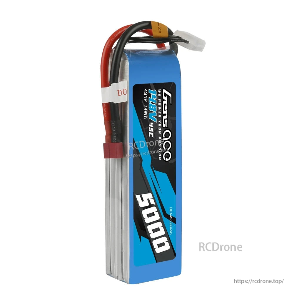 Gens ace 5000mAh 4S 14.8V 45C LiPo Battery, Gens ace 5000mAh 4S LiPo battery pack with Deans-style T plug and balance lead, blue shrink wrap