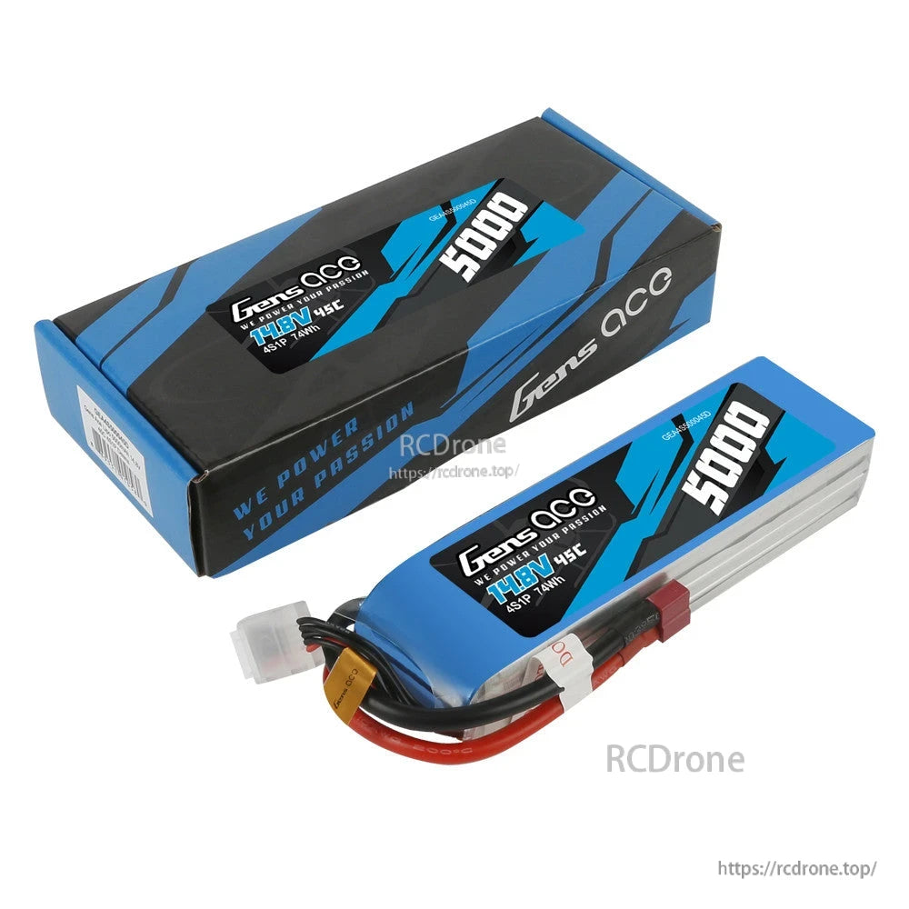 Gens ace 5000mAh 4S 14.8V 45C LiPo battery with 5000 label, main power lead and balance plug, plus retail box