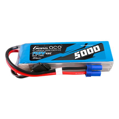 Gens ace 5000mAh 4S 45C 14.8V G-Tech LiPo Battery, Gens ace 5000mAh 4S 14.8V 45C LiPo battery pack with EC5-style connector and balance lead