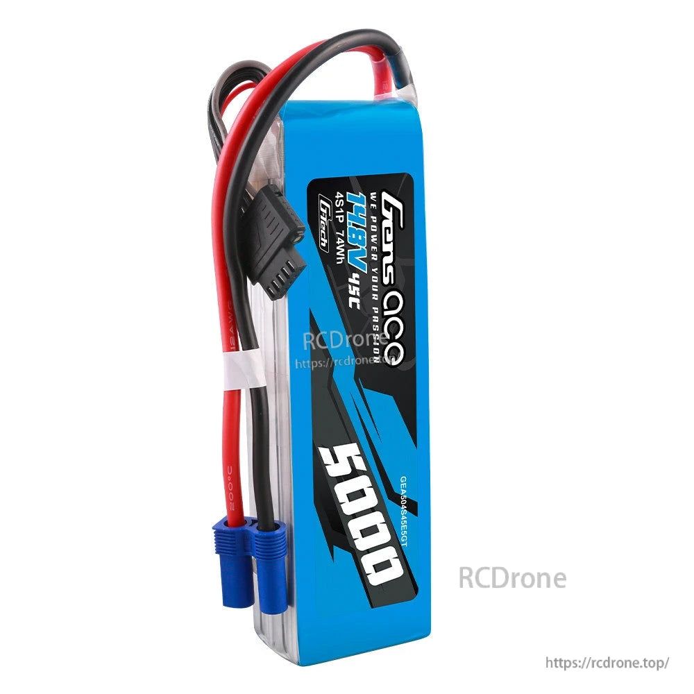 Gens ace 5000mAh 4S 45C 14.8V G-Tech LiPo Battery, Gens ace 5000mAh 4S 14.8V 45C G-Tech LiPo battery pack with blue main connector and balance lead