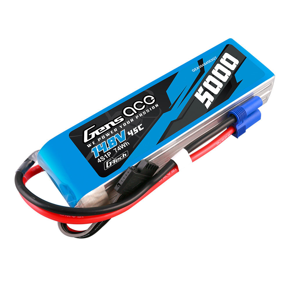Gens ace 5000mAh 4S 45C 14.8V G-Tech LiPo Battery, Gens ace 5000mAh 4S 14.8V 45C G-Tech LiPo battery pack with blue EC5-style connector and balance lead