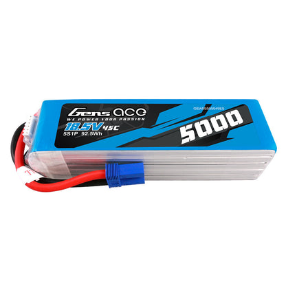 Gens ace 5000mAh 5S 18.5V 45C LiPo battery pack with attached balance lead and blue power connector