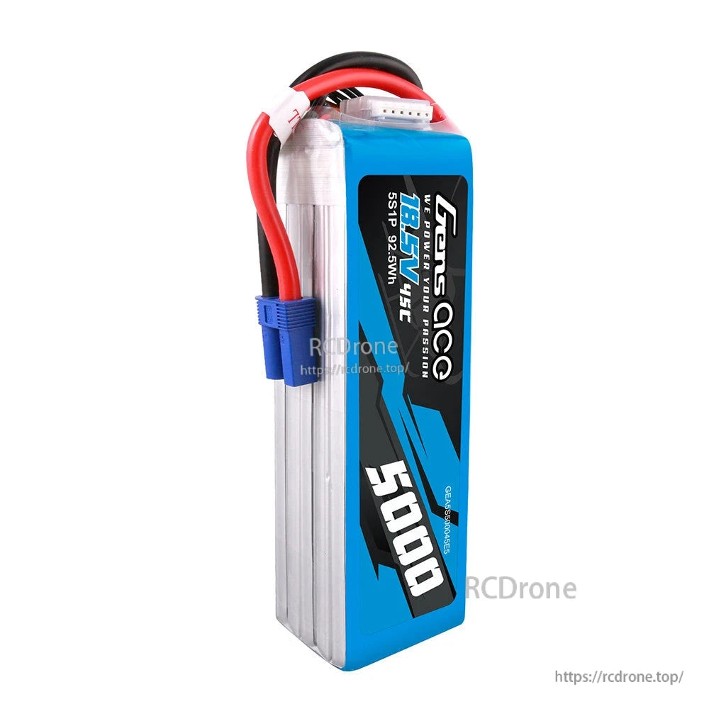 Gens ace 5000mAh 5S 18.5V 45C LiPo Battery, Gens ace 5000mAh 5S LiPo battery pack with balance lead and blue high-current connector, labeled 18.5V 45C