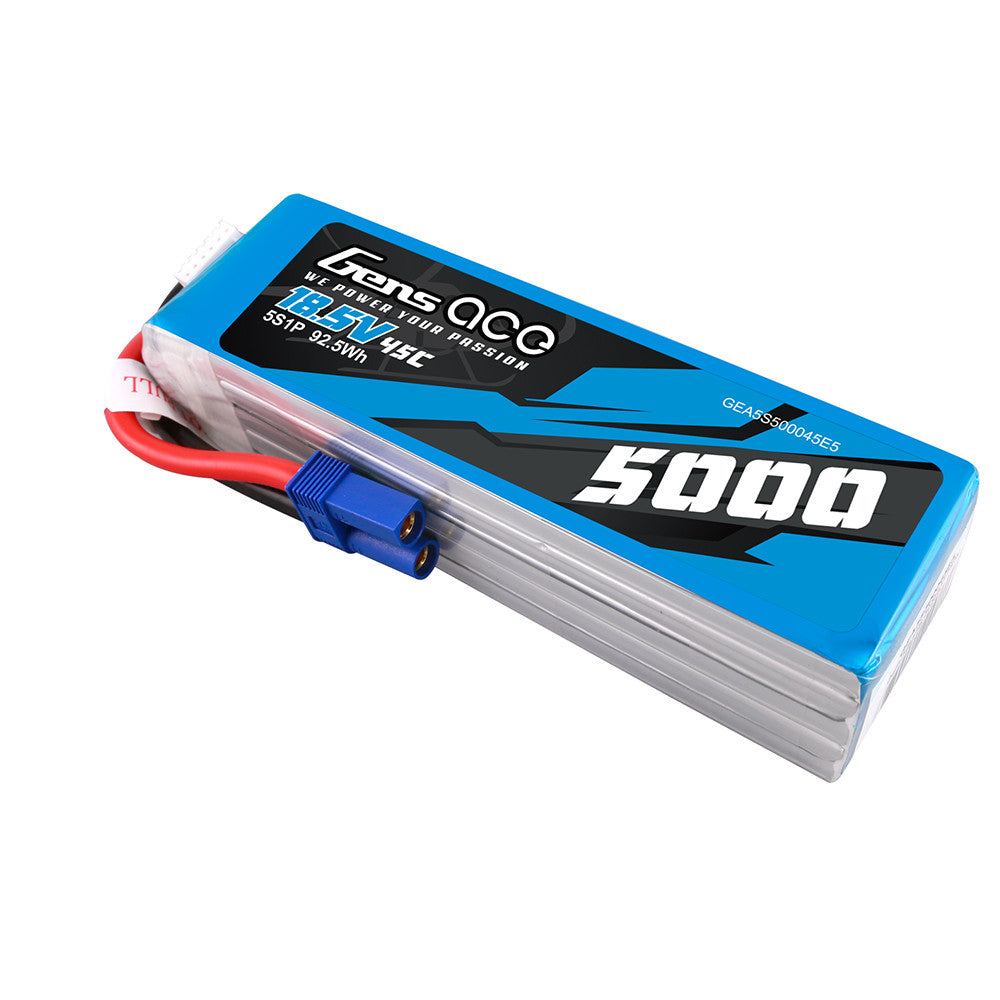 Gens ace 5000mAh 5S 18.5V 45C LiPo battery pack with blue shrink wrap, EC5-style connector and balance lead