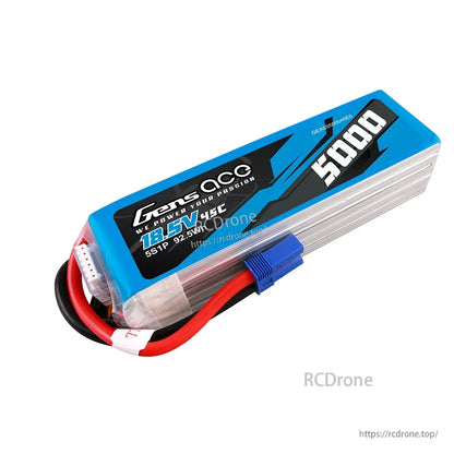 Gens ace 5000mAh 5S 18.5V 45C LiPo battery pack with balance lead and blue EC5-style connector