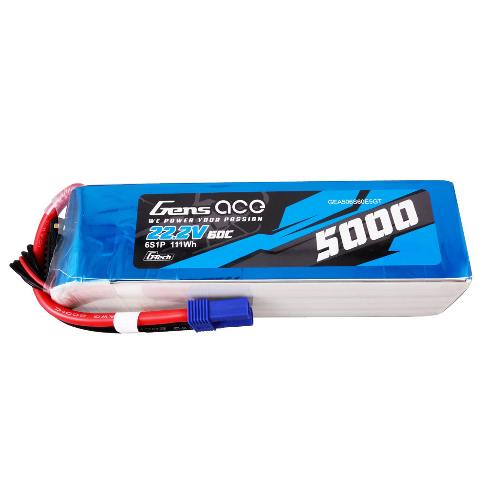 Gens ace 5000mAh 6S 22.2V 60C G-Tech LiPo battery pack with blue hard case and EC5-style connector