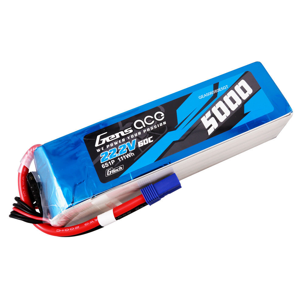 Gens ace 5000mAh 6S 22.2V 60C G-Tech LiPo battery pack with blue high-current connector and balance lead